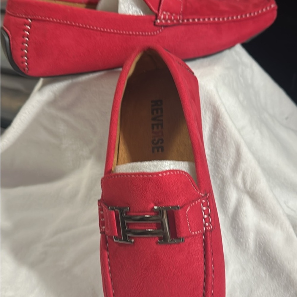 Reverse Red Men's Loafers with Silver Accent